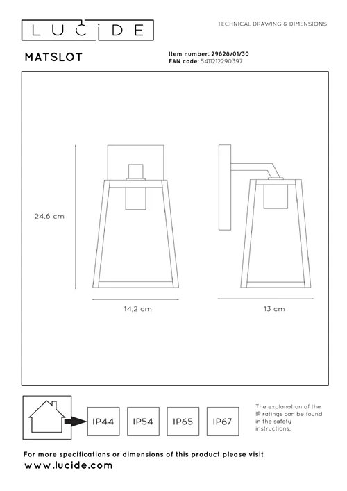 Lucide MATSLOT - Wandlamp Binnen/Buiten - 1xE27 - IP23 - Zwart - technisch